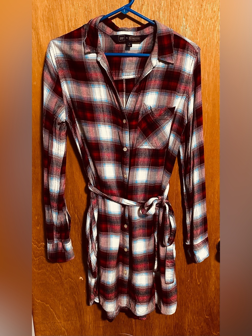 GAP + Pendleton Red Plaid Button-Down Tie Waist Shirt Dress